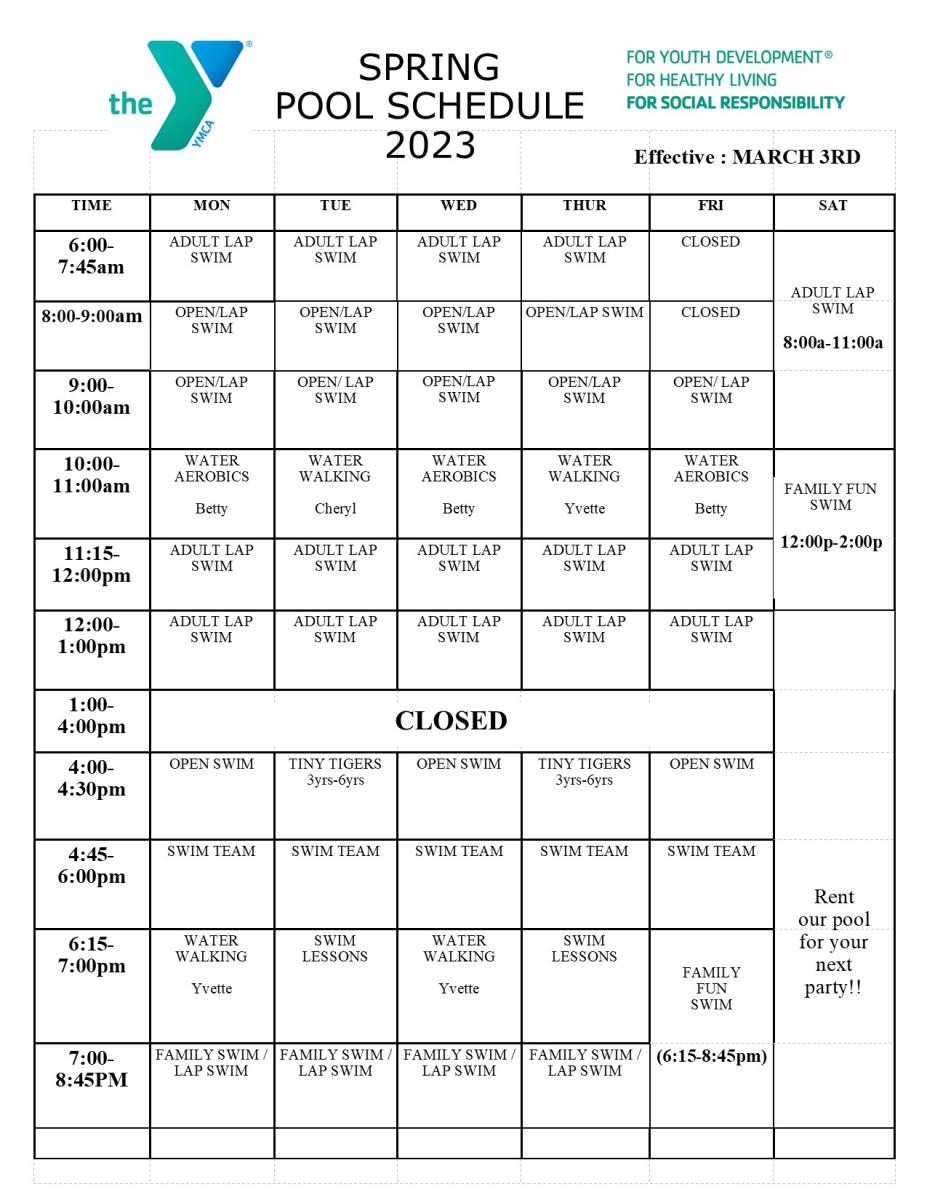 Aquatics Schedule YMCA of Corsicana